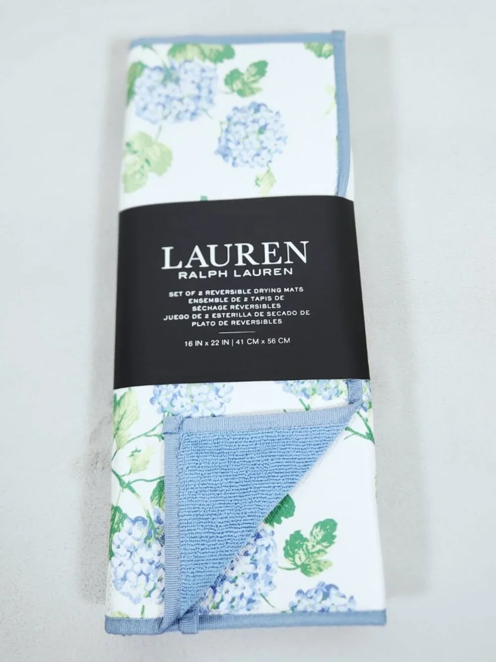 Ralph Lauren Set of 2 Drying Mats Reversible 16 in x 22 in Blue Hydrangea Floral
